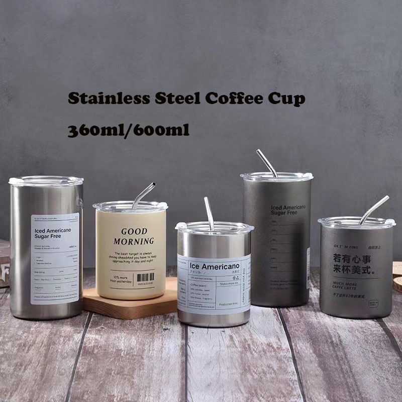 Stainless Steel Cangkir Tumbler Kopi Cup Portabel 600ml/360ml Botol Minum Vacuum Insulasi Thermal Bahan Stainless Steel Dengan Sedotan