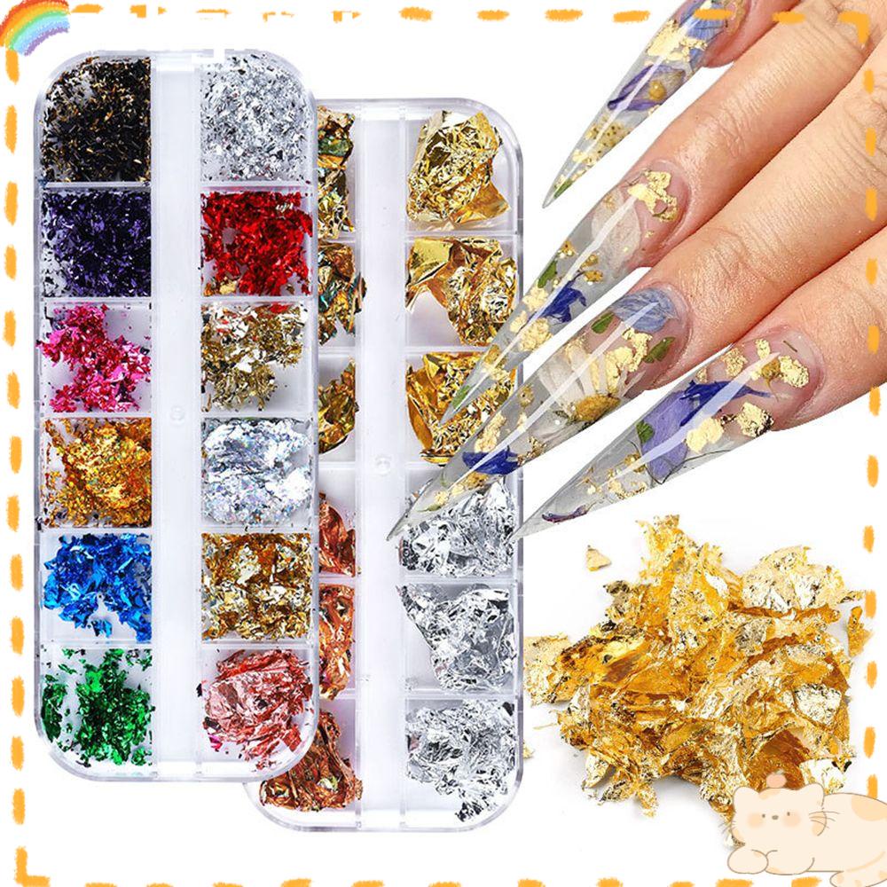 Solighter 12Grid Kuku Foil Emas Nail Art Dekorasi DIY Gold Glitter Flakes Irregular