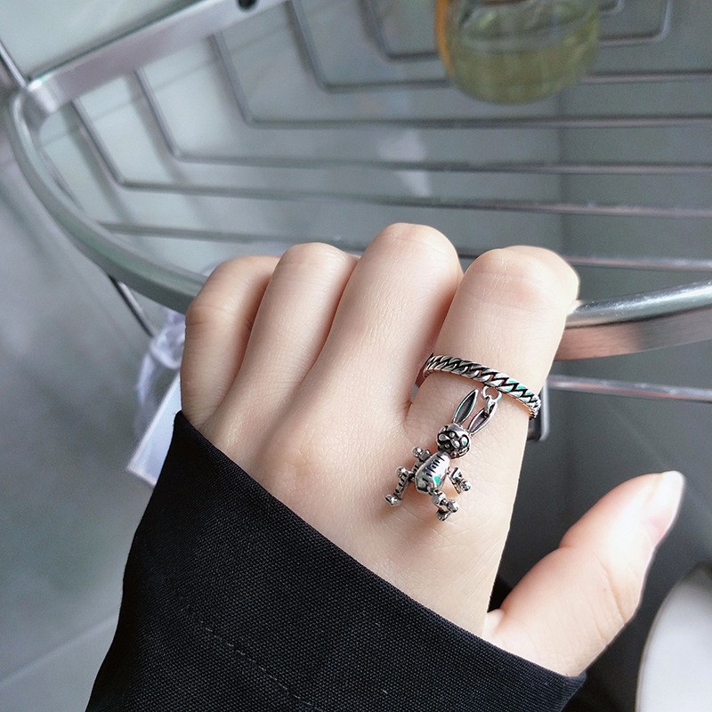 Cincin Model Terbuka Dapat Disesuaikan Desain Robot Kelinci Gaya Retro Korea Untuk Pria Dan Wanita