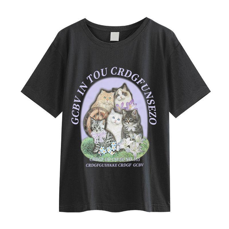 baju kaos wanita lengan pendek cartoon cat graphic print t-shirt vintage kekinian oversize hitam kaos couple