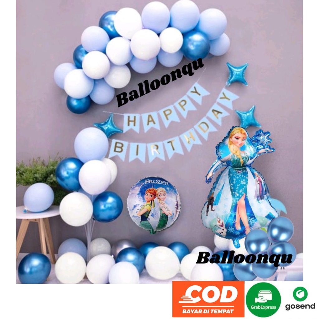 Paket Dekor Ulang Tahun Set Banner Frozen Balon Dekor Happy Birthday
