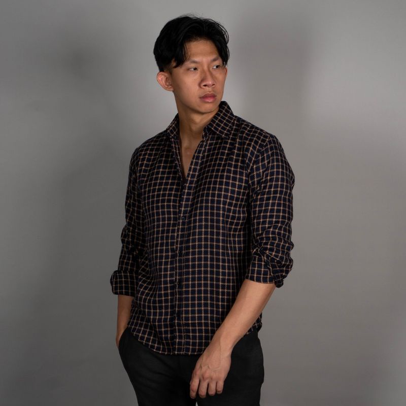 Plaid shirt navy wood signore kemeja kotak plaid checkered shirt