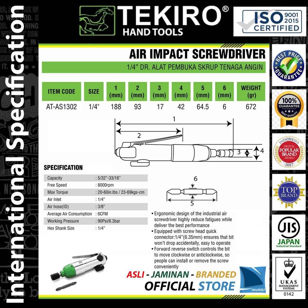 Obeng Angin 1/4&quot; inch - Air Screwdriver Compressor Power TEKIRO