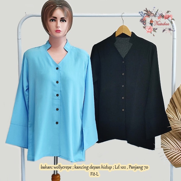 Blouse V-Neck Lengan Panjang Ada Belahan Shirt Blouse Kemeja Kantor Korea Fashion Atasan Wanita Wollycrepe Polos Full Kancing Busui Friendly Fit L