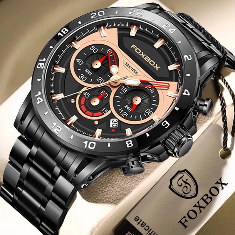 Foxbox Jam Tangan Pria Original Fashion Stainless Steel Tahan Air Multi Fungsi Chronograph + Kotak