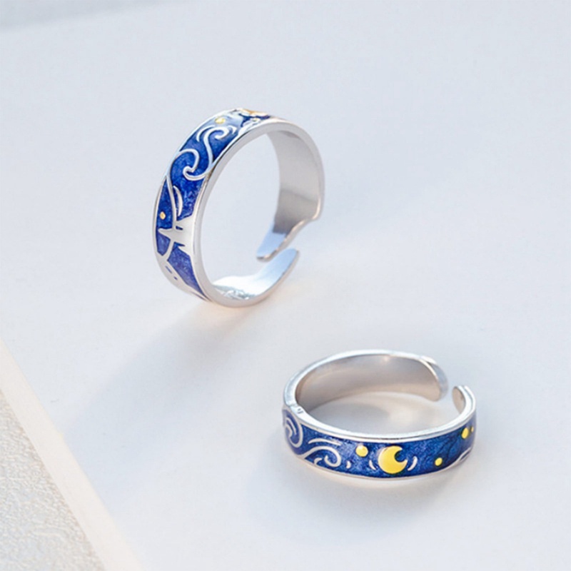 Van Gogh Langit Berbintang Cincin Pasangan Cincin Fashion Wanita Elegan Cincin Wanita Yang Dipersonalisasi Kreatif Matahari Bulan Paduan Plating Berlapis Emas Gaya Punk Hias Cincin
