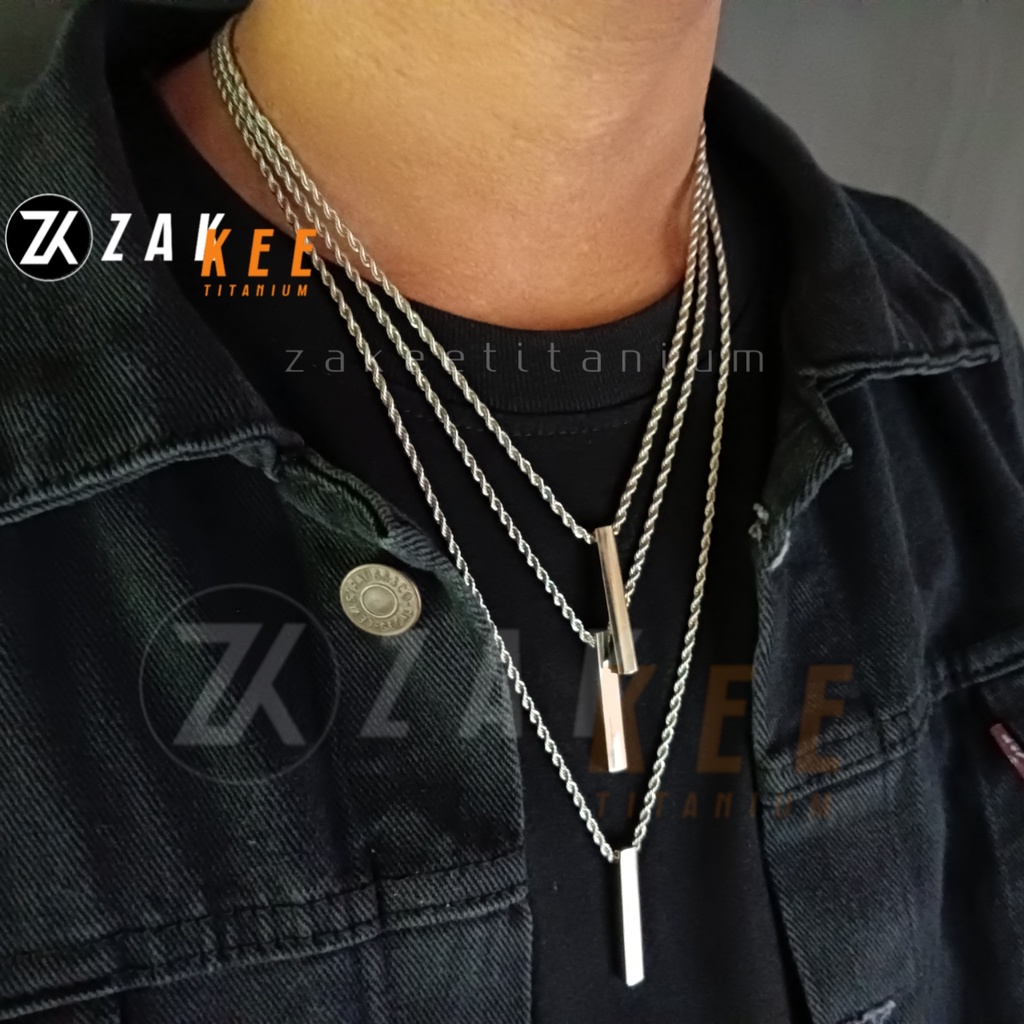 Kalung Titanium Pria Wanita Anti Karat Rantai Liontin Balok Perak Silver Putih Keren Cowok Cewek Panjang 45cm 50cm 60cm Rante Premiun