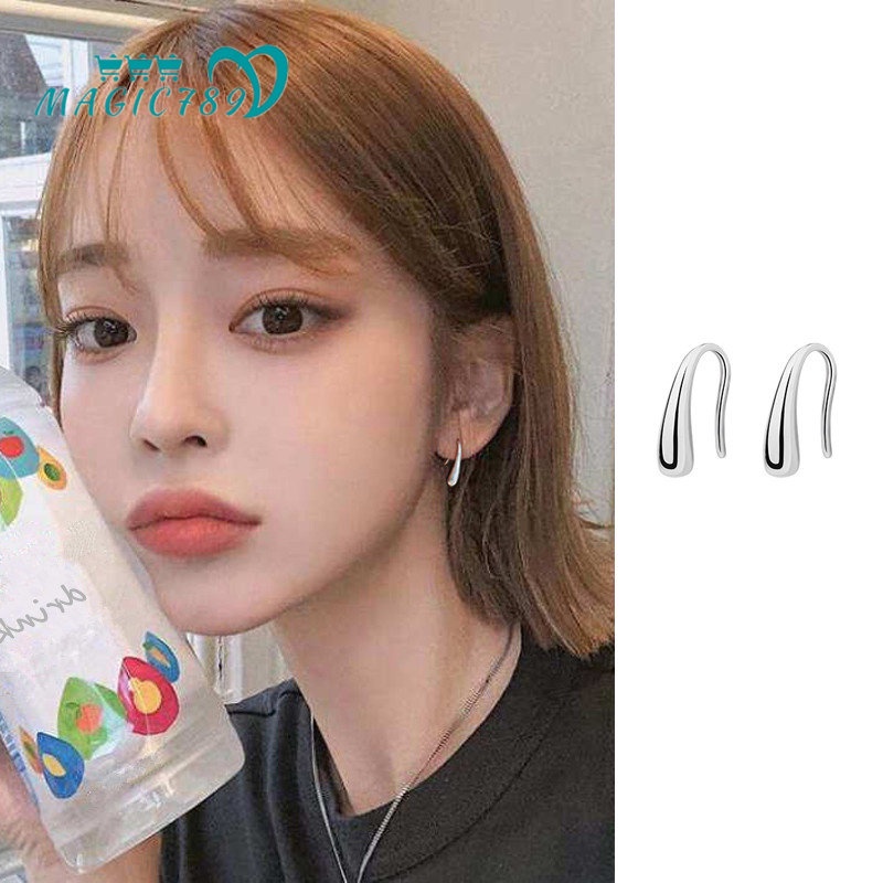 Magic789 Korea s925 Perak Glossy Water Drop Stud Earrings Untuk Wanita Perempuan Elegan Geometris Kait Cuff Earring Fashion Telinga Perhiasan Hadiah