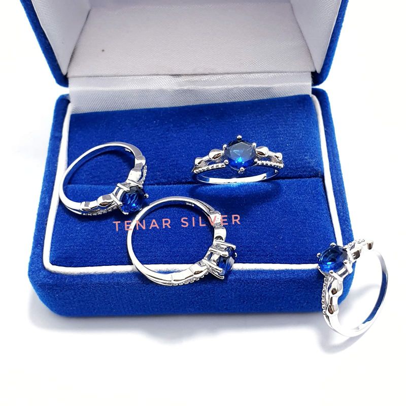 CINCIN WANITA PERMATA ZIRCONIA BIRU PERAK SILVER 925 LAPIS EMAS PUTIH