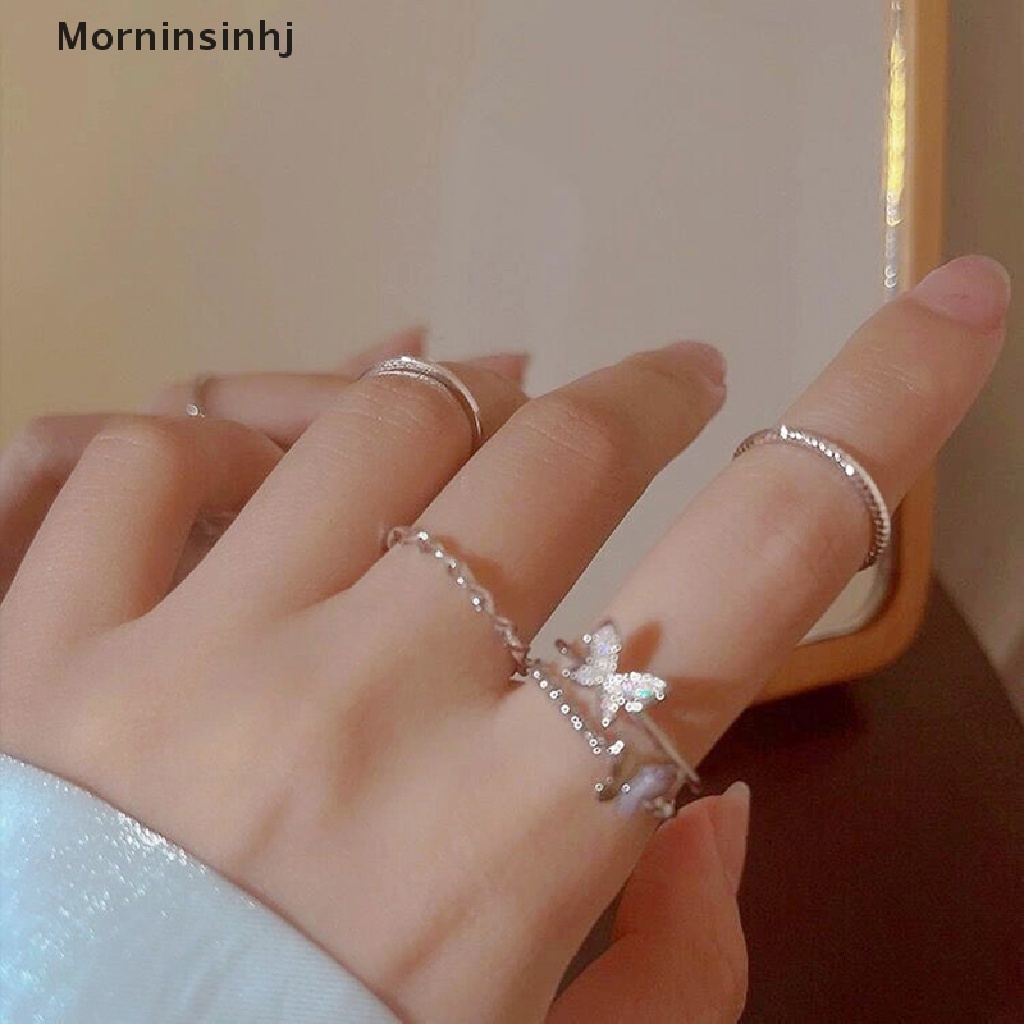 Mornin 3/4/5PCS Butterfly Metal Punk Rings Set Stackable Joint Finger Rings Adjustable Untuk Wanita Pria Perhiasan Jari Pesta Hadiah Aksesoris Perempuan Jari Telunjuk Cincin id