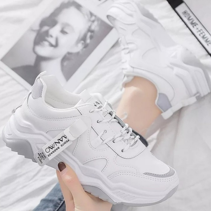 Sepatu Sneakers Wanita Putih Abu Tali Casul Style Import Korea Wanwoo Sol Tinggi FSH151