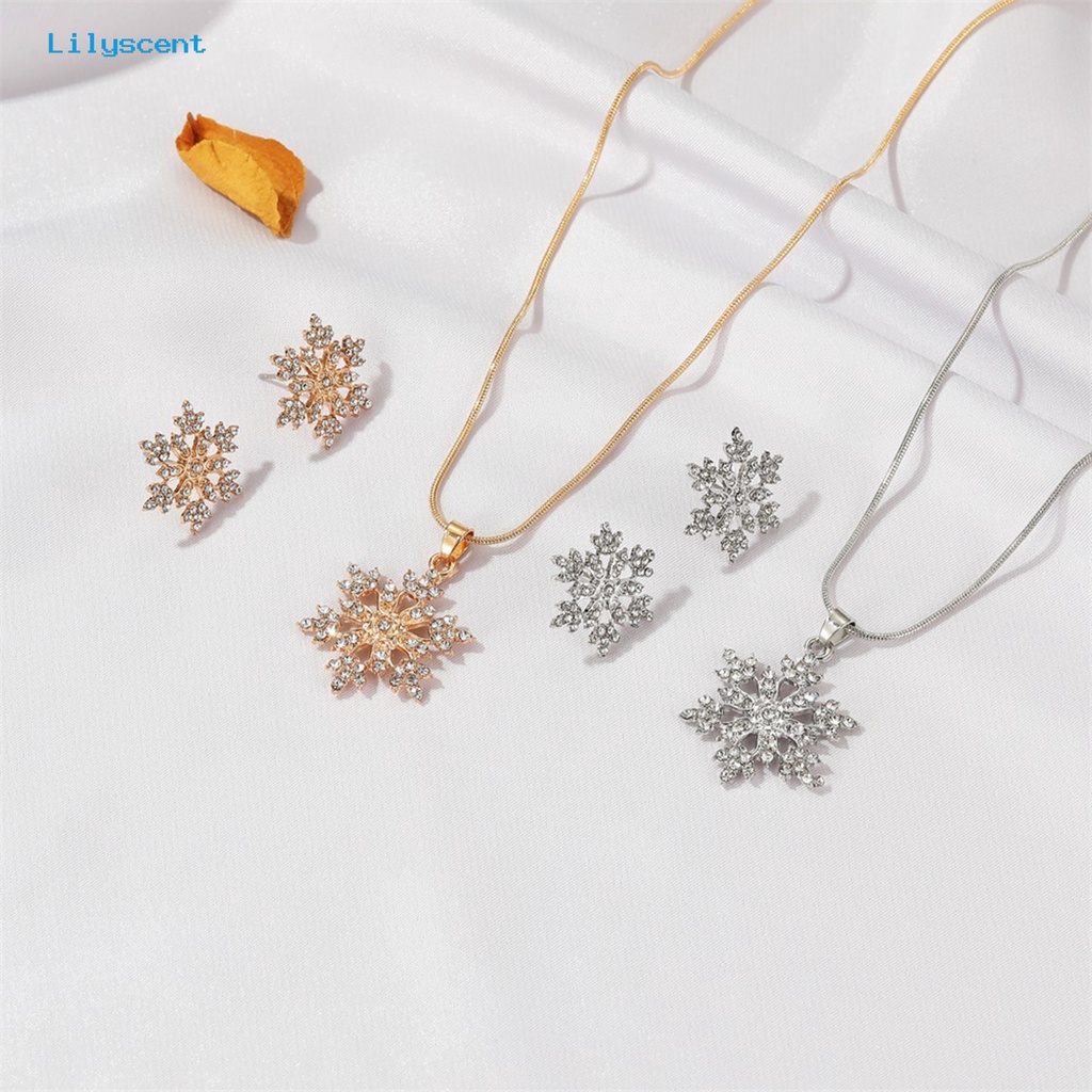 [LS] 1set Ear Studs Glitter Anti Alergi Elegan Temperamen Bentuk Snowflake Berlian Imitasi Anting Kalung Perhiasan Aksesori