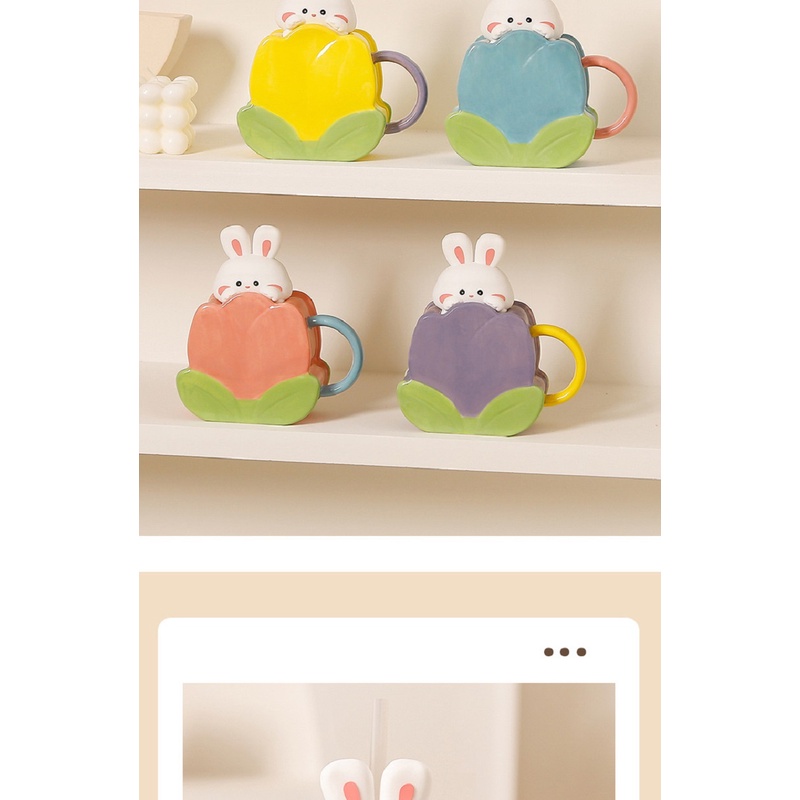 Mi.more Gelas Mug Keramik Rabbit Style With Straw Ceramic Cup Gelas Lucu Unik Bentuk Korean Style