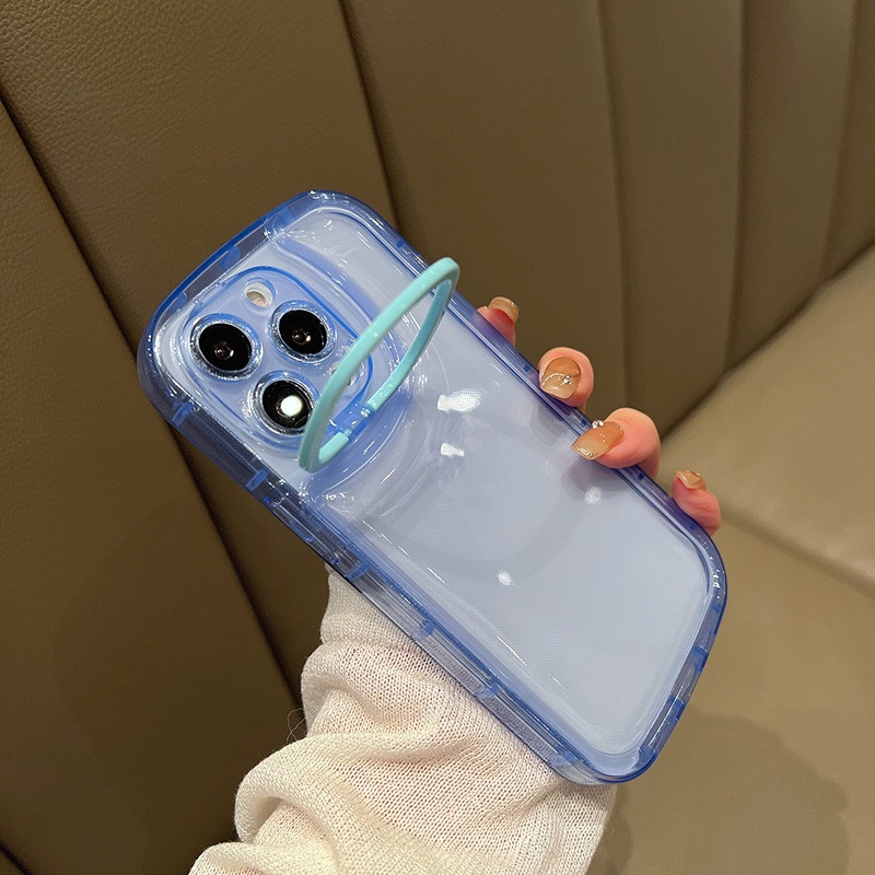Holder Lipat Tak Terlihat Ring Stand Lensa Kamera Casing Ponsel Transparan Kompatibel Untuk iPhone 13 12 11 12Pro 13Pro Max Soft Candy Back Cover
