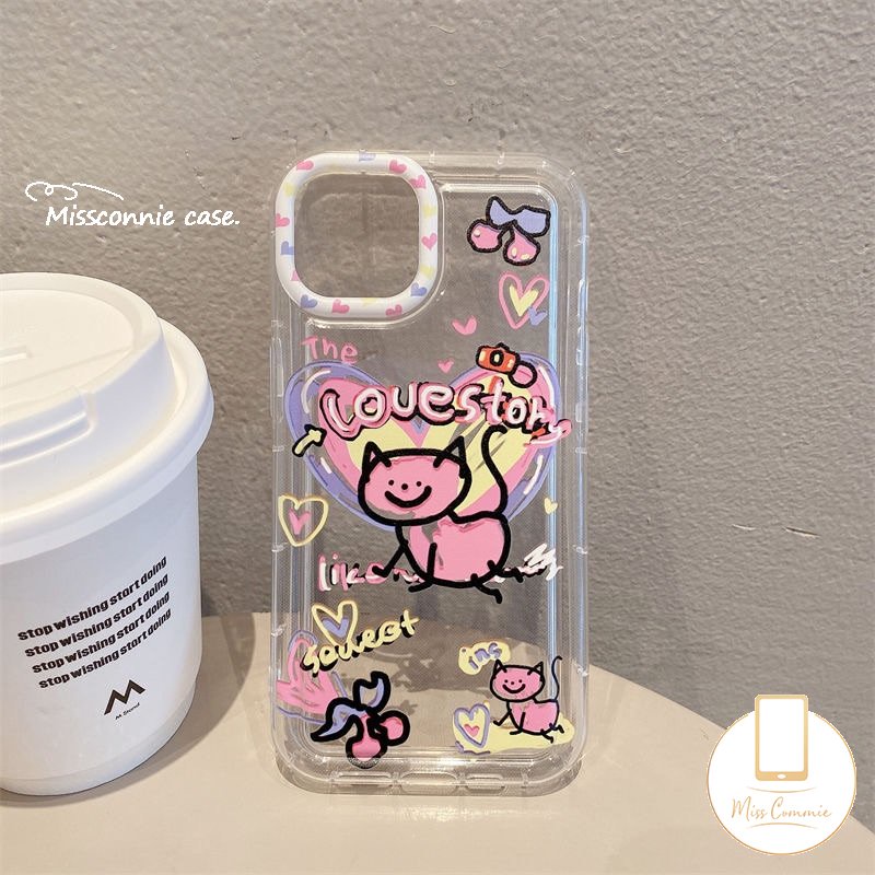 Ins Graffiti Cinta Hati Case Kompatibel Untuk iPhone 11 Pro Max7 6s 86 Plus XR 13 14 11 12 Pro Max X XS Max SE 2020 Lembut Tpu Kartun Kucing Airbag Shockproof Clear Phone Cover