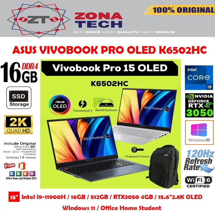 ASUS VIVOBOOK PRO 15 OLED K6502HC - i9-11900H - 16GB - 512GB SSD - RTX3050 4GB - 15.6&quot;2.8K OLED - WIN11 - OHS