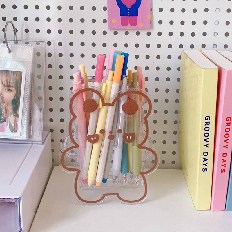 Kawaii Transparan Akrilik Tempat Pulpen Desktop Organizer INS Baru Fashion Lucu Beruang Kelinci Kotak Penyimpanan Alat Tulis Kantor