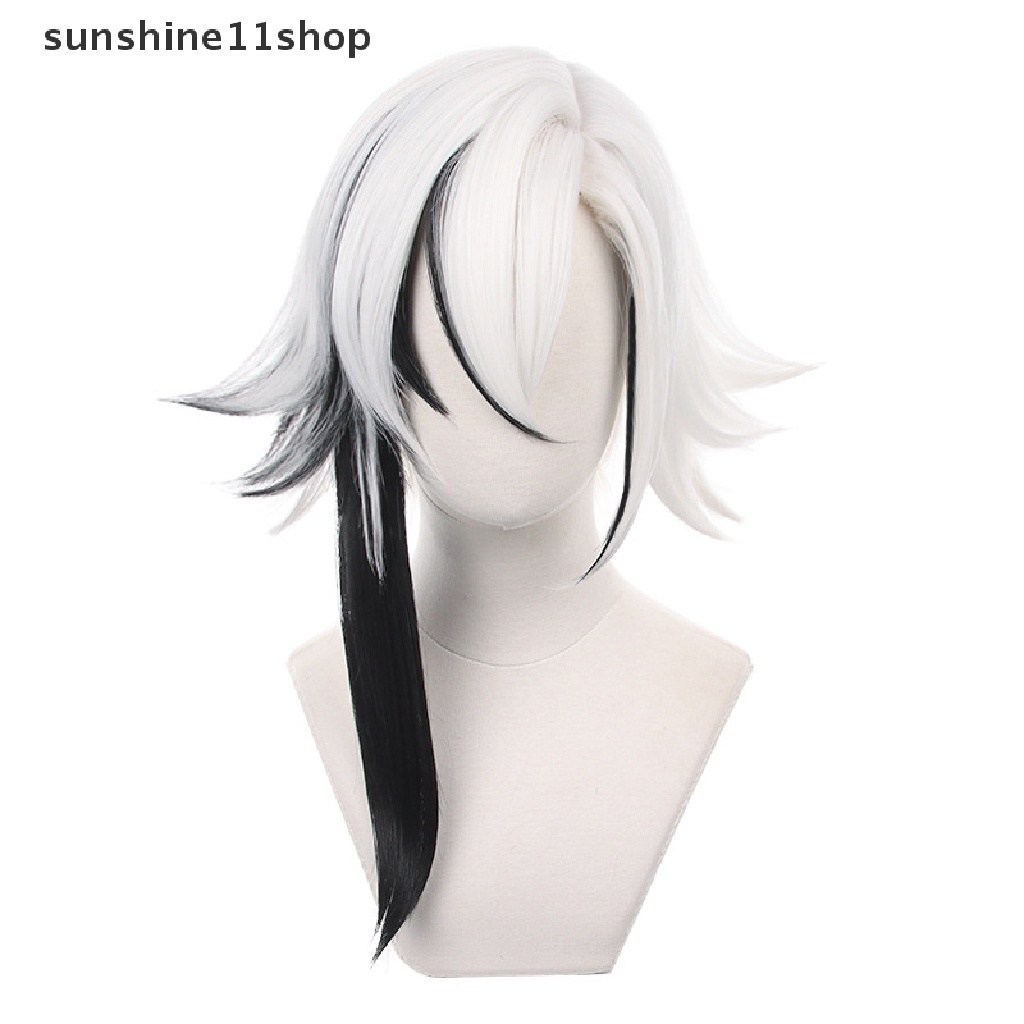 Wig Cosplay SHO Genshin Impact Arlecchino Putih Hitam Rambut Palsu Sintetis Tahan Panas N