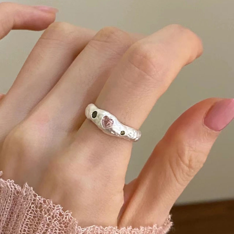 Adjustable Terbuka Sederhana Bertatahkan Zirkon Perhiasan Fashion Wanita Elegan Cincin Pesta Pink Hati Jari Cincin Hadiah Yang Indah Pernikahan Pasangan Rings