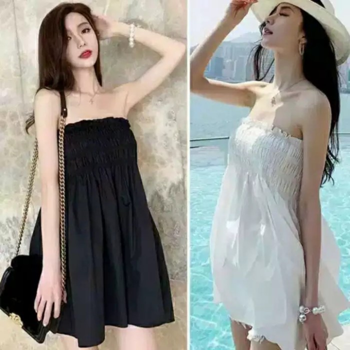 Mini dress kemben kerut adem & lembut tanpa tali