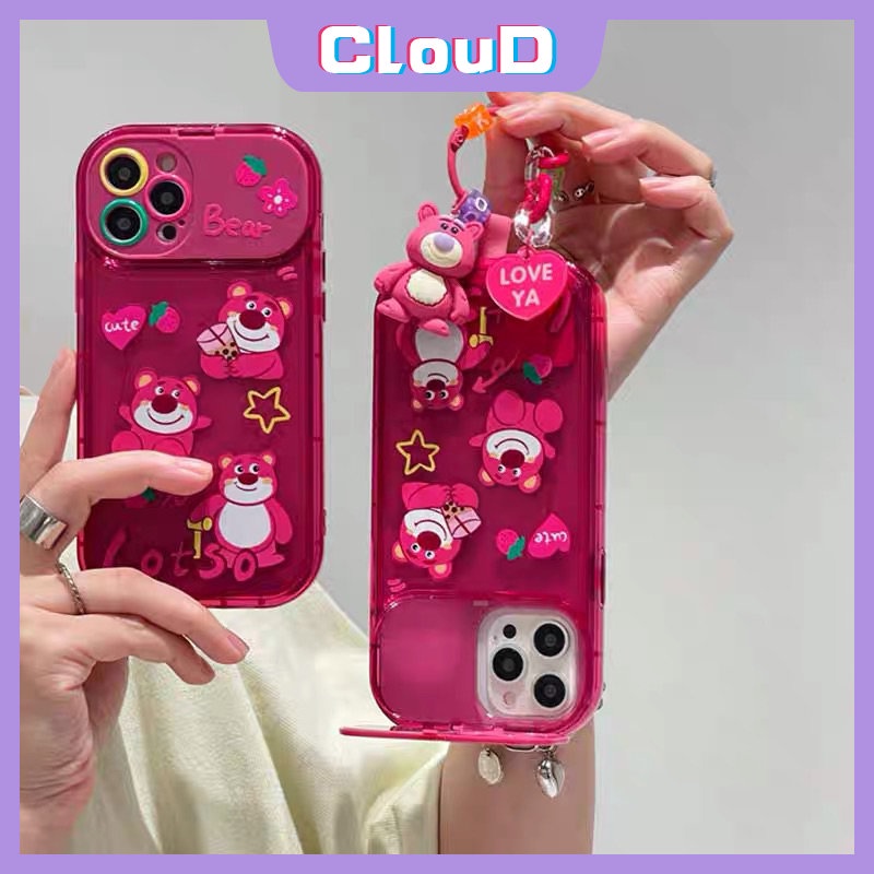 IPHONE Flip Make Up Cermin Rose Red Phone Case Kompatibel Untuk Iphone11 12 14 13 Pro Max XR 7 8 Plus X XS Max SE 2020 Kartun Lucu Strawberry Bear Manyo Cover