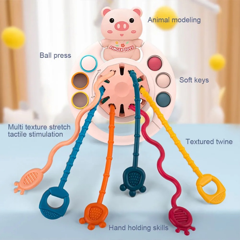 Creative 5 In 1 Children Pull String Developmental Toy / Safe Non-toxic Soft Silicone Teething Toys / Cute Cartoon Bear Flying Saucer Shape Fun Toy