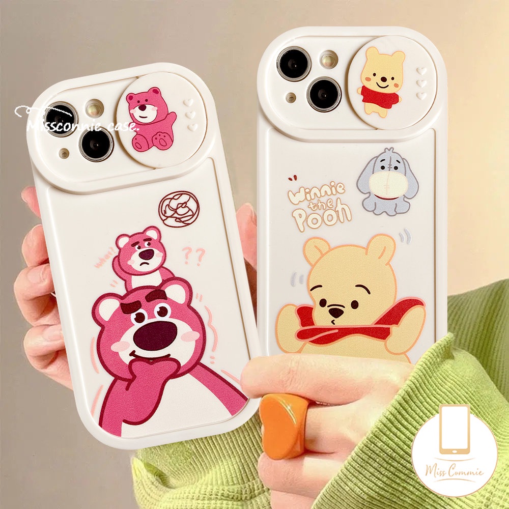 IPHONE Kartun Lucu Strawberry Bear Manyo Case Kompatibel Untuk Iphone11 7Plus XR X13 11 12 Pro Max 8Plus XS Max Push Pull Window Pelindung Lensa Kamera Winnie The Pooh Soft Cover