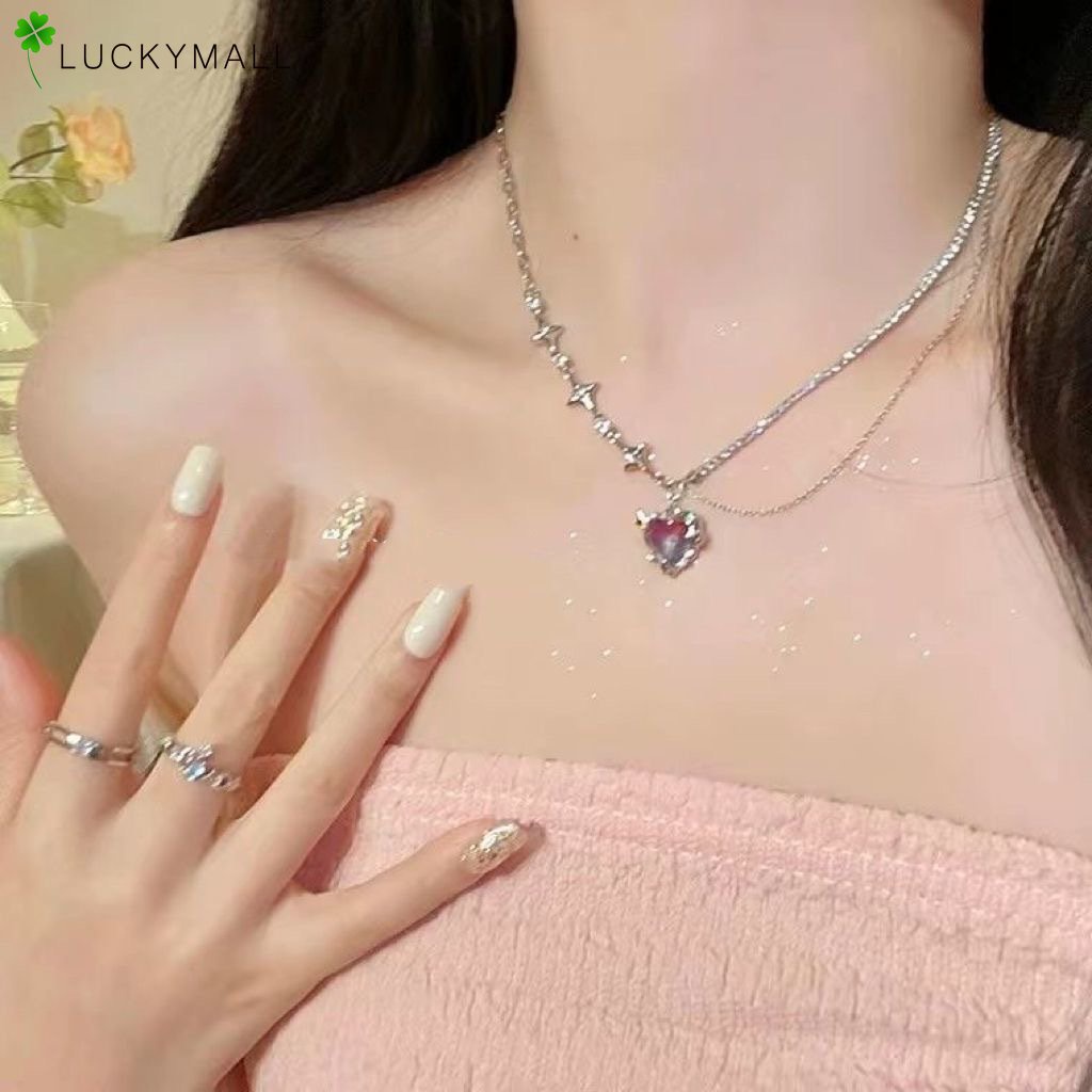 Kalung Love Hati Permata Pink Mewah Fashion Chain Choker Untuk Aksesoris Perhiasan Wanita