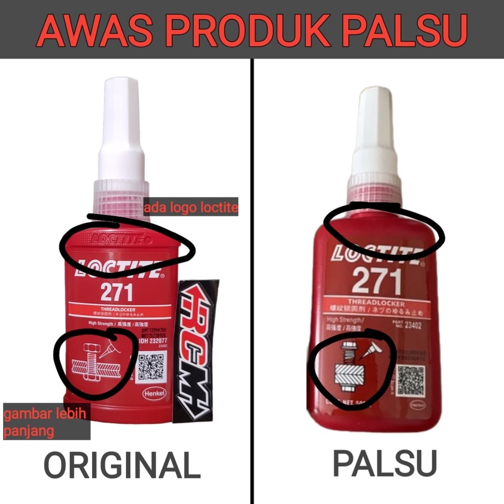 271 LEM LOCTITE THREADLOCKER PEREKAT MATERIAL MUR BAUT ANTI KENDOR ANTI BOCOR KOROSI KARAT TAHAN GETARAN DAN SUHU TINGGI WARNA MERAH RED ORI ORIGINAL LOCTITE ASLI