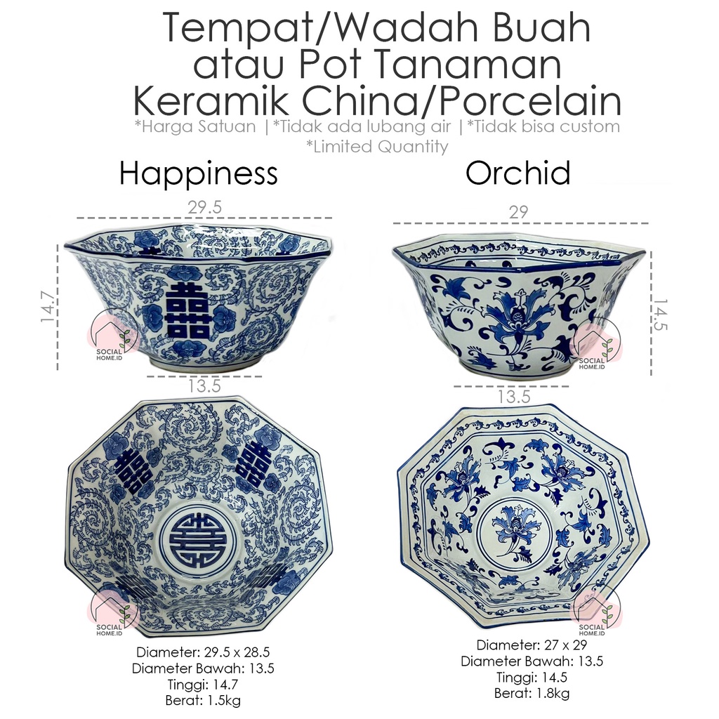 Tempat Wadah Buah Mangkok Besar Dekor Dekorasi Pot Tanaman Diameter 29cm Keramik China Biru Putih Po