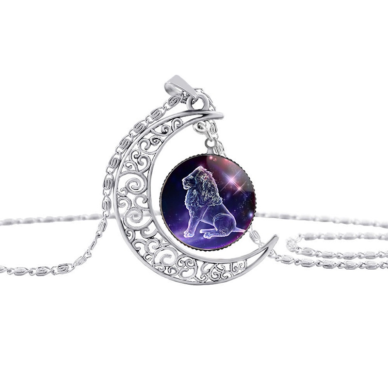 12 Zodiak Bulan Sabit Kubah Kaca Kalung Fashion Perhiasan Gemini Cancer Leo Virgo Libra Scorpio Sagitarius Capricorn