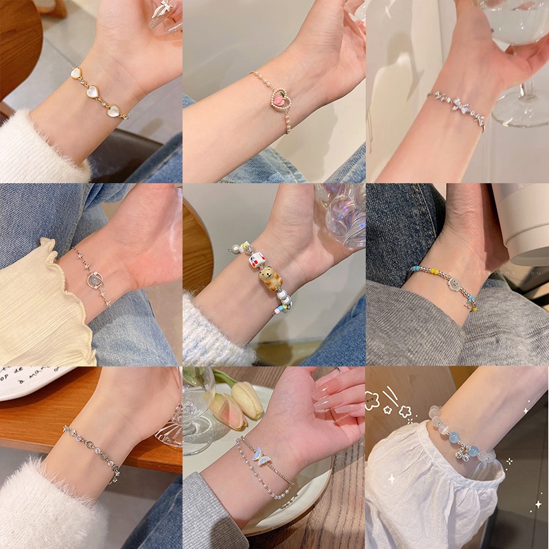 YEEZII Gelang Perak Elegan Y2K Aksesoris Lucu Opal Manik-Manik Mutiara Butterfly Bear Peach Bracelets Untuk Wanita Perhiasan