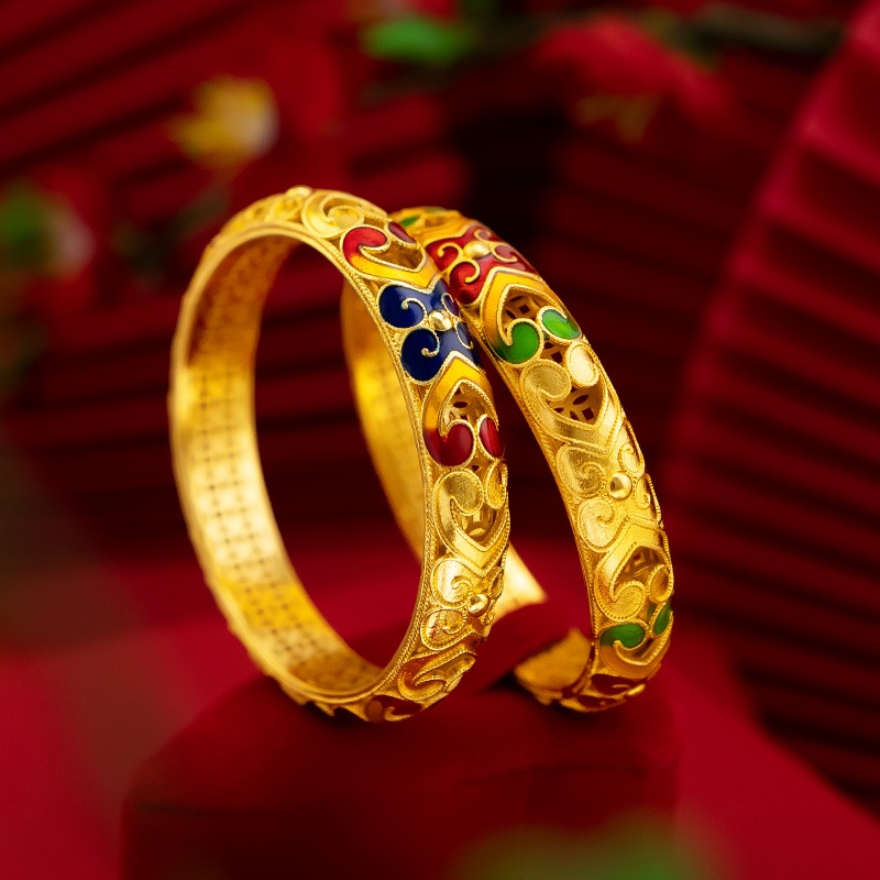 Goldkingdom Perhiasan Fashion Emas Asli Kadar 375Bangkok Aksesoris Ready Stock Wanita Retro Tembaga Murni Gilt Enamelled Edisi Lebar Gelang Ibu