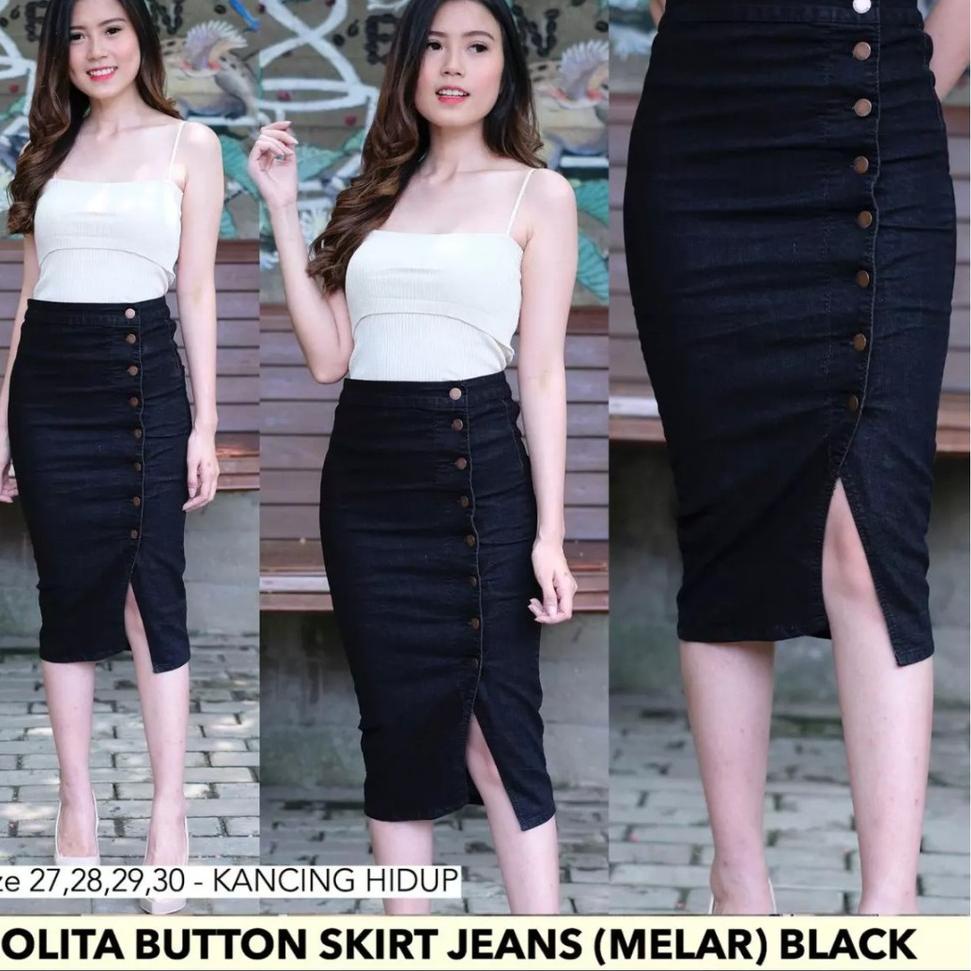 TERBAIK G23 Rok jeans span pendek full kancing Rok span hitam Rok span pendek jeans wanita ャ