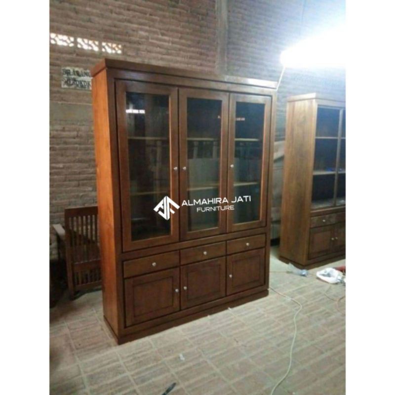 Lemari hias 3 pintu kaca penyimpanan serbaguna Kayu jati BIG Size