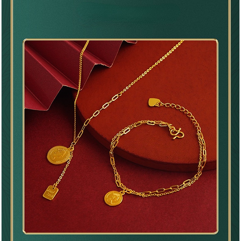 Goldkingdom Perhiasan Fashion Emas Asli Kadar 375Bangkok Aksesoris Ready Stock Kalung Drive Ratu Wanita Merek Bulat Ganda Gelang Yang Dapat Disesuaikan