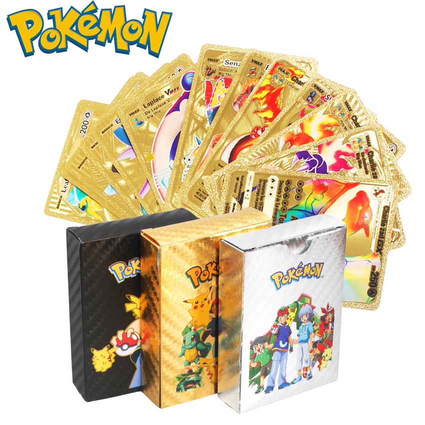 2023terbaru Kartu Pokemon Metal Rainbow Gold Silver Vmax GX Card Box Charizard Pikachu Langka Koleksi Battle Trainer Card Mainan Anak