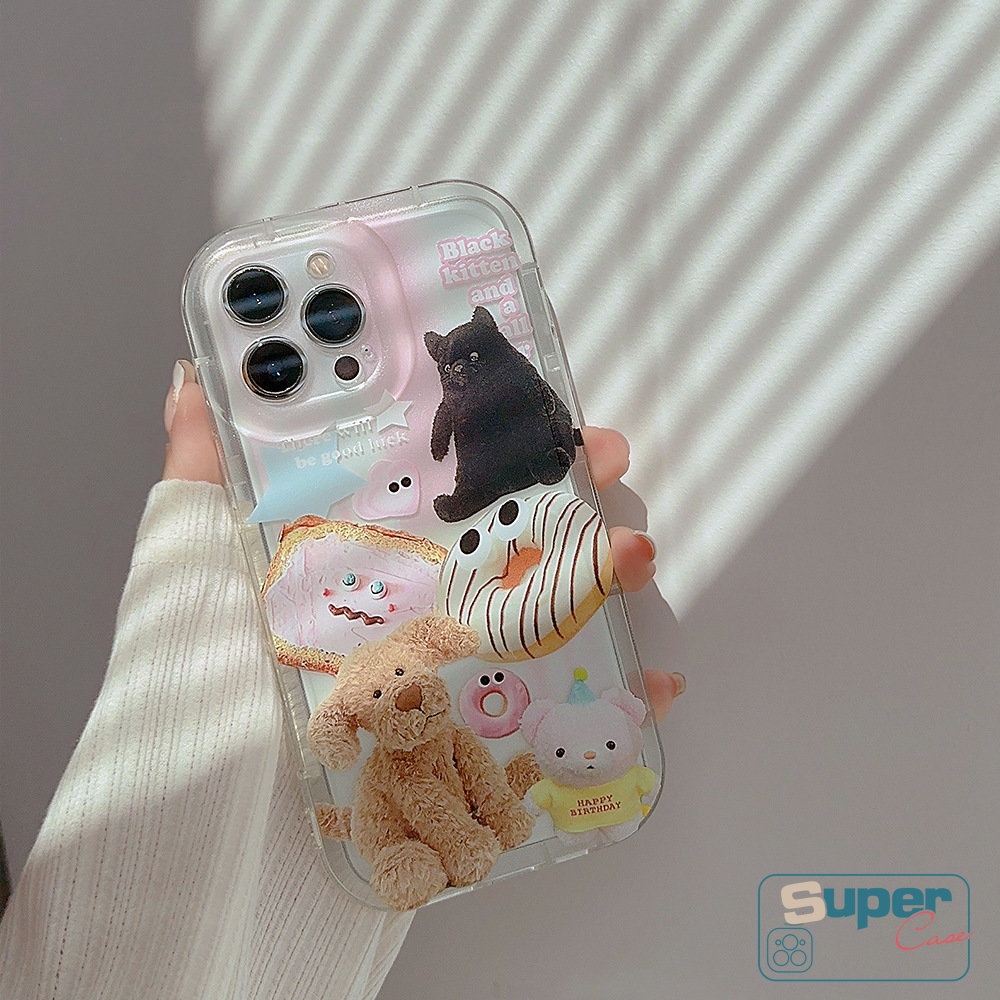 IPHONE Casing Ponsel Beruang Anjing Kucing Kartun Transparan Kompatibel Untuk Iphone11 13 14 12 Pro MAX 6 6S 7 8 Plus XR X XS MAX Ins Hewan Lucu Stiker Shockproof Airbag Lembut TPU Penutup Belakang