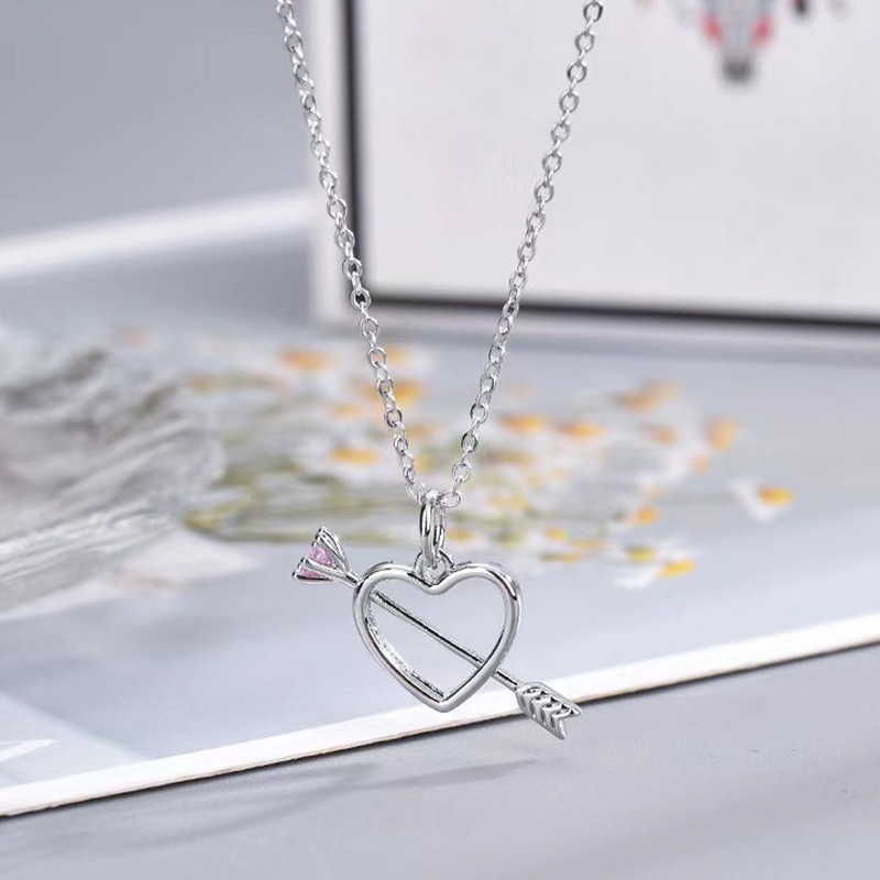 IFYOU Fashion Satu-arrow Pierce Heart Necklace Pink Crystal Hollow-out Rantai Perak Choker Untuk Aksesoris Perhiasan Wanita