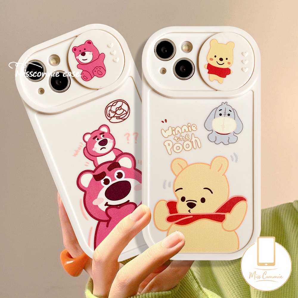 IPHONE Kartun Lucu Strawberry Bear Manyo Case Kompatibel Untuk Iphone11 7Plus XR X13 11 12 Pro Max 8Plus XS Max Push Pull Window Pelindung Lensa Kamera Winnie The Pooh Soft Cover