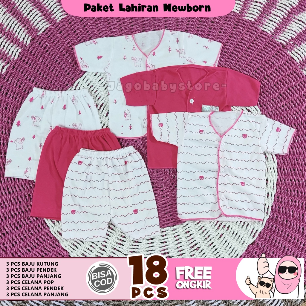 18 Pcs Setelan Celana Baju Bayi Newborn paket lahiran warna pink motif cewek