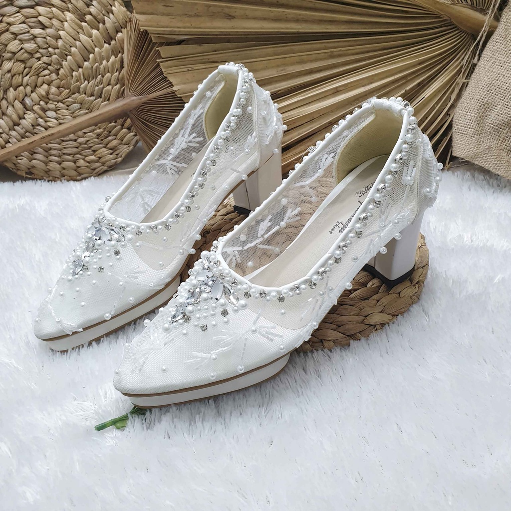 Sepatu wedding pesta Cantik April putih 7cm tahu