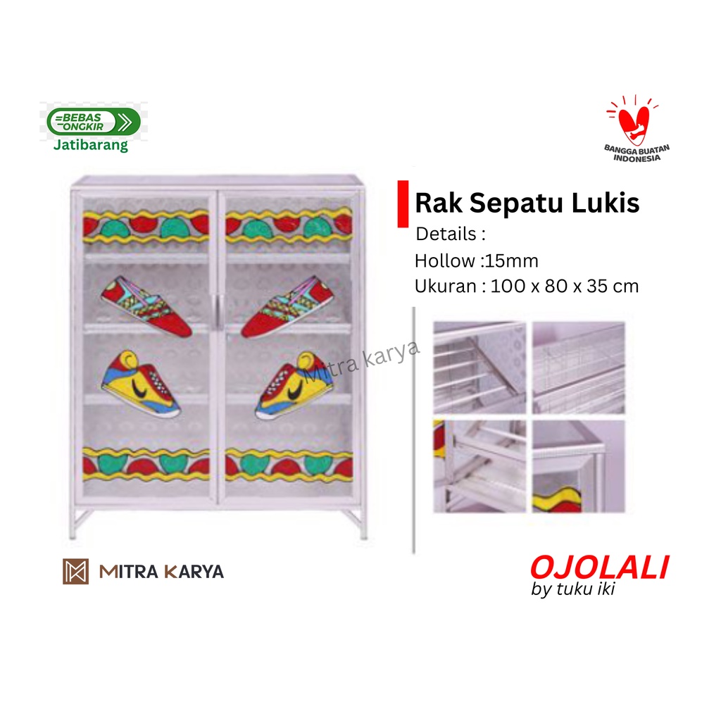 Lemari Sepatu Kaca / Rak Sepatu Kaca Aluminium Lukis Ojolali