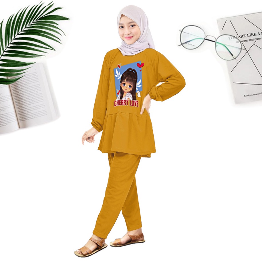 VC - Setelan Anak Perempuan Ruffle Lengan Panjang Motif Cherry Usia 6-12 tahun