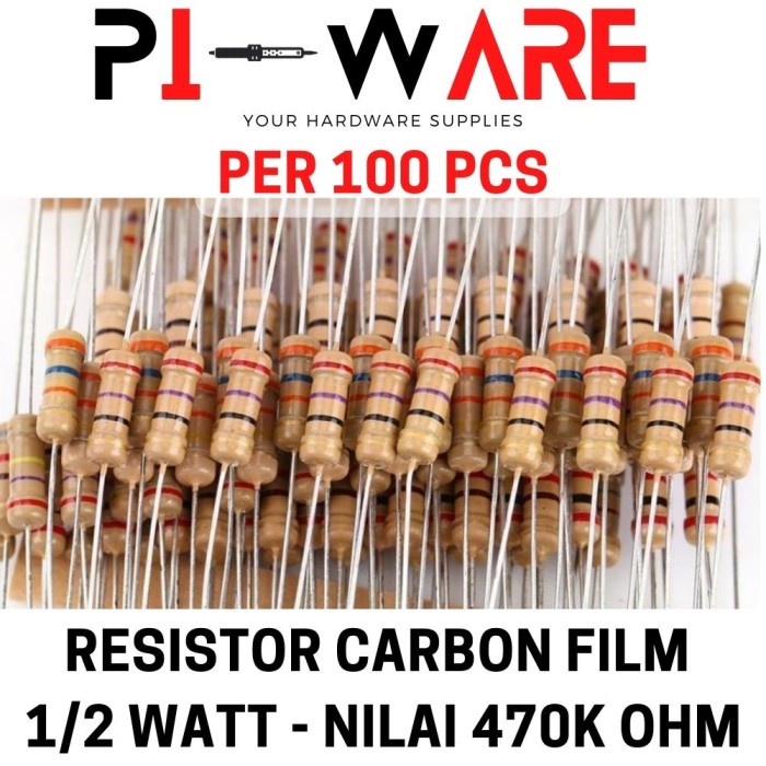 Paket Isi 100Pcs Resistor Carbon Film 1/2 0.5 Watt Nilai 470K ohm