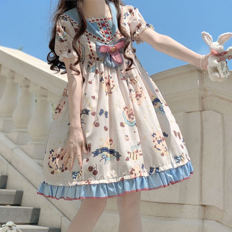 [MikanHiro Store] catties fat MMLolita dress summer op Lolita girl navy collar dress light lo skirt cute