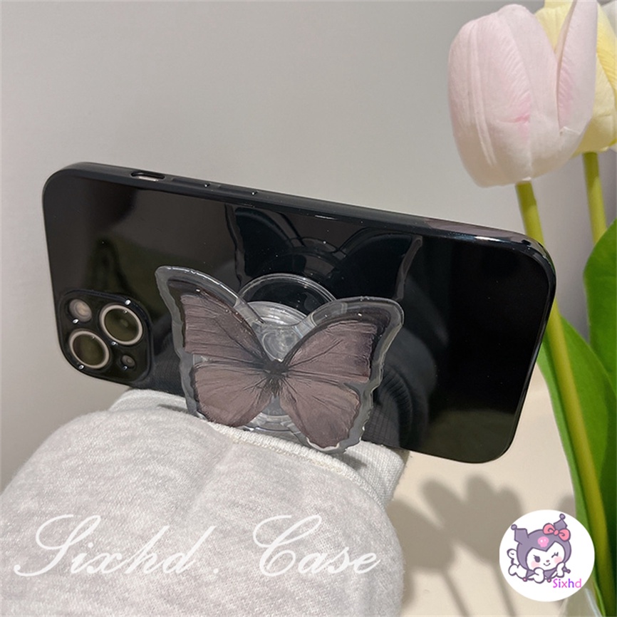 Ready Stock Fashion Fantasy Hitam Kupu-Kupu Bracket Phone Grip Ins Korea Holder Ring Lazy Bracket Kompatibel Untuk iPhone Android Universal Scalable Phone Stand Holder