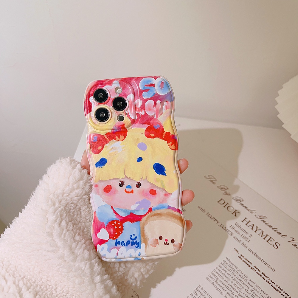 IPHONE Ins Gadis Lucu Lukisan Cat Minyak Kartun Soft Beige Case Untuk Iphone14 11 12 13 PRO MAX Casing Cover Pelindung AT0019