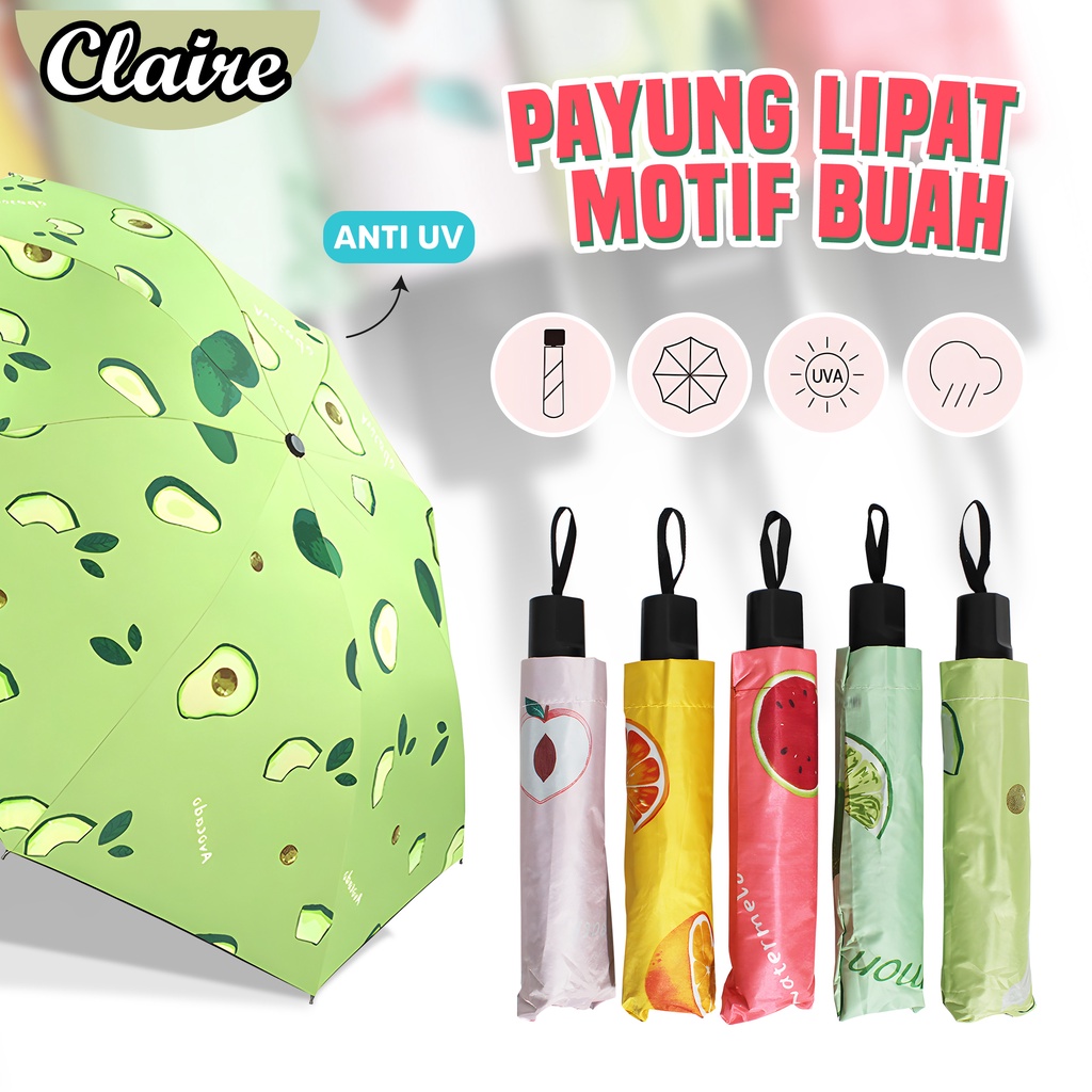 Payung Lipat Motif Buah Semangka Lemon Alpukat Jeruk Peach Anti Sinar UV Protection