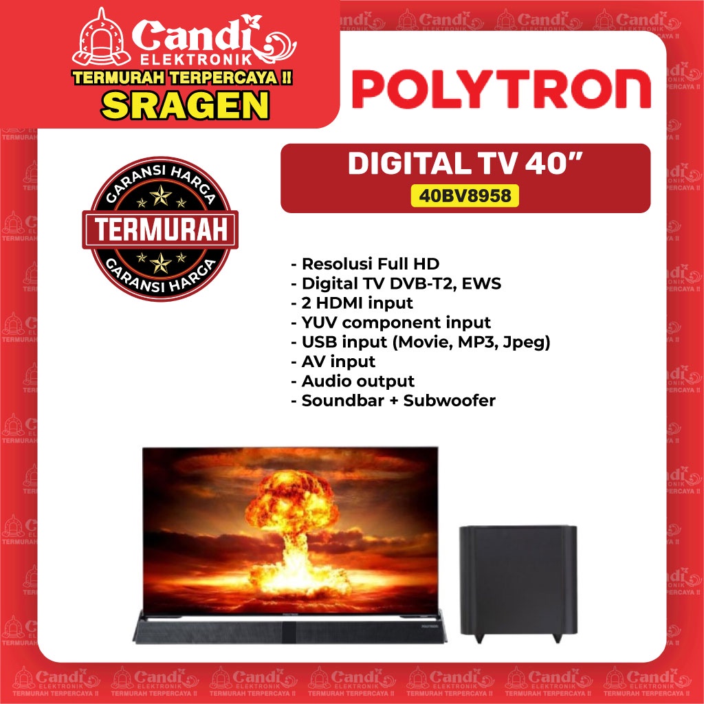 POLYTRON Led Tv Digital 40 Inch Full Hd Soundbar + Subwoofer - 40BV8958